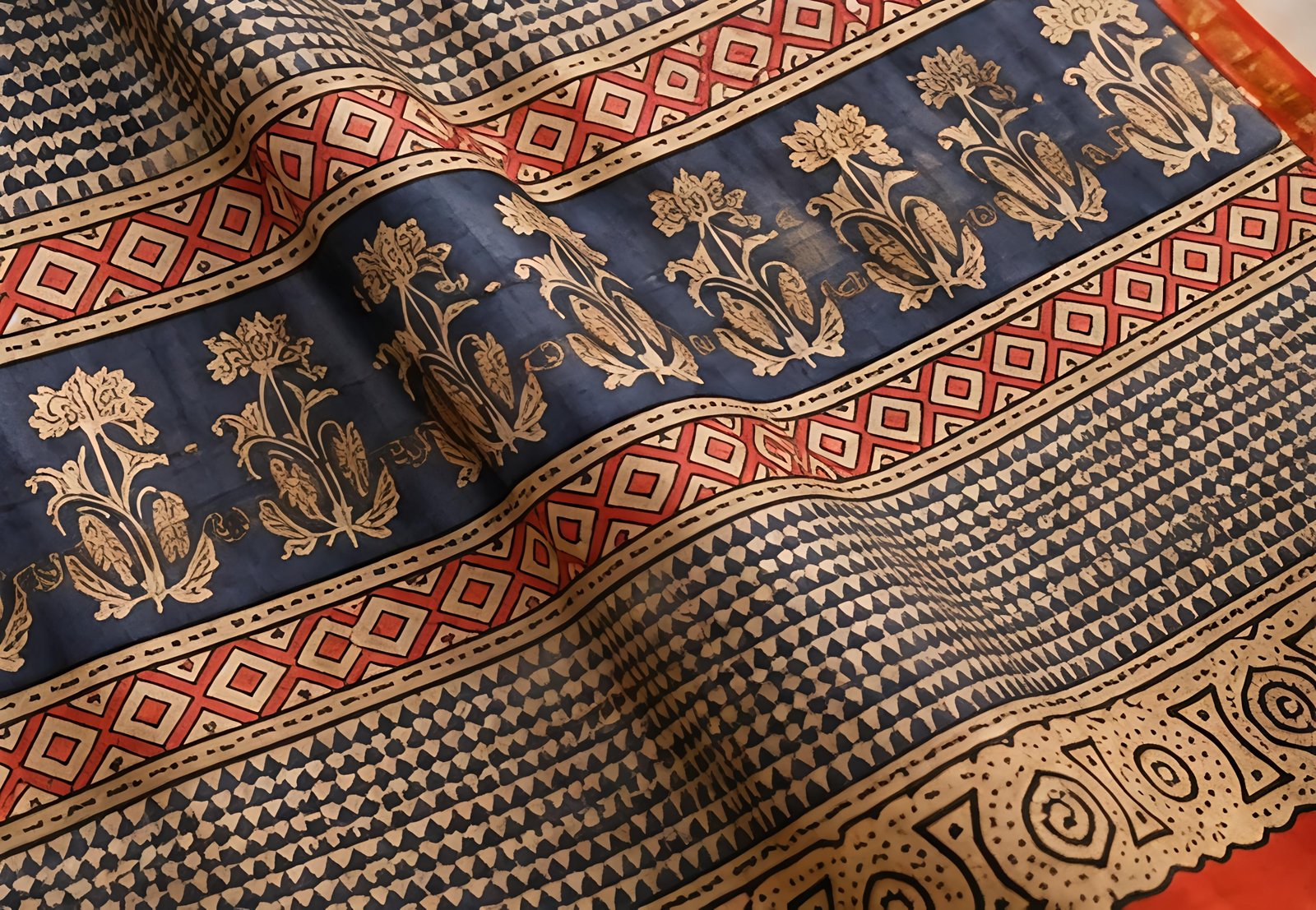Indigo Blue and Beige Maheswari Silk Saree with Rust-Orange Border view 8