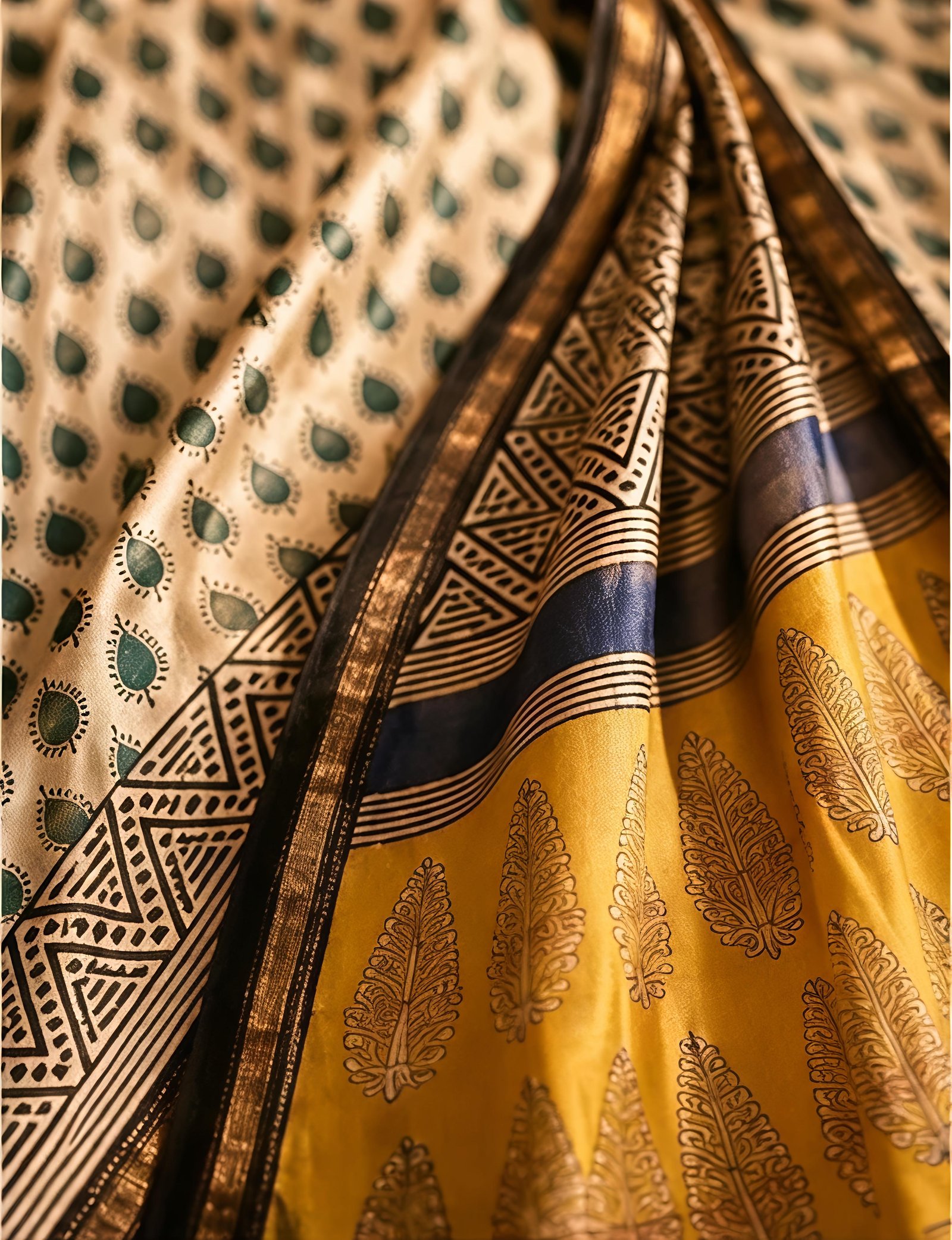Off-White and Yellow Maheswari Silk Saree with Leaf Motifs view 2