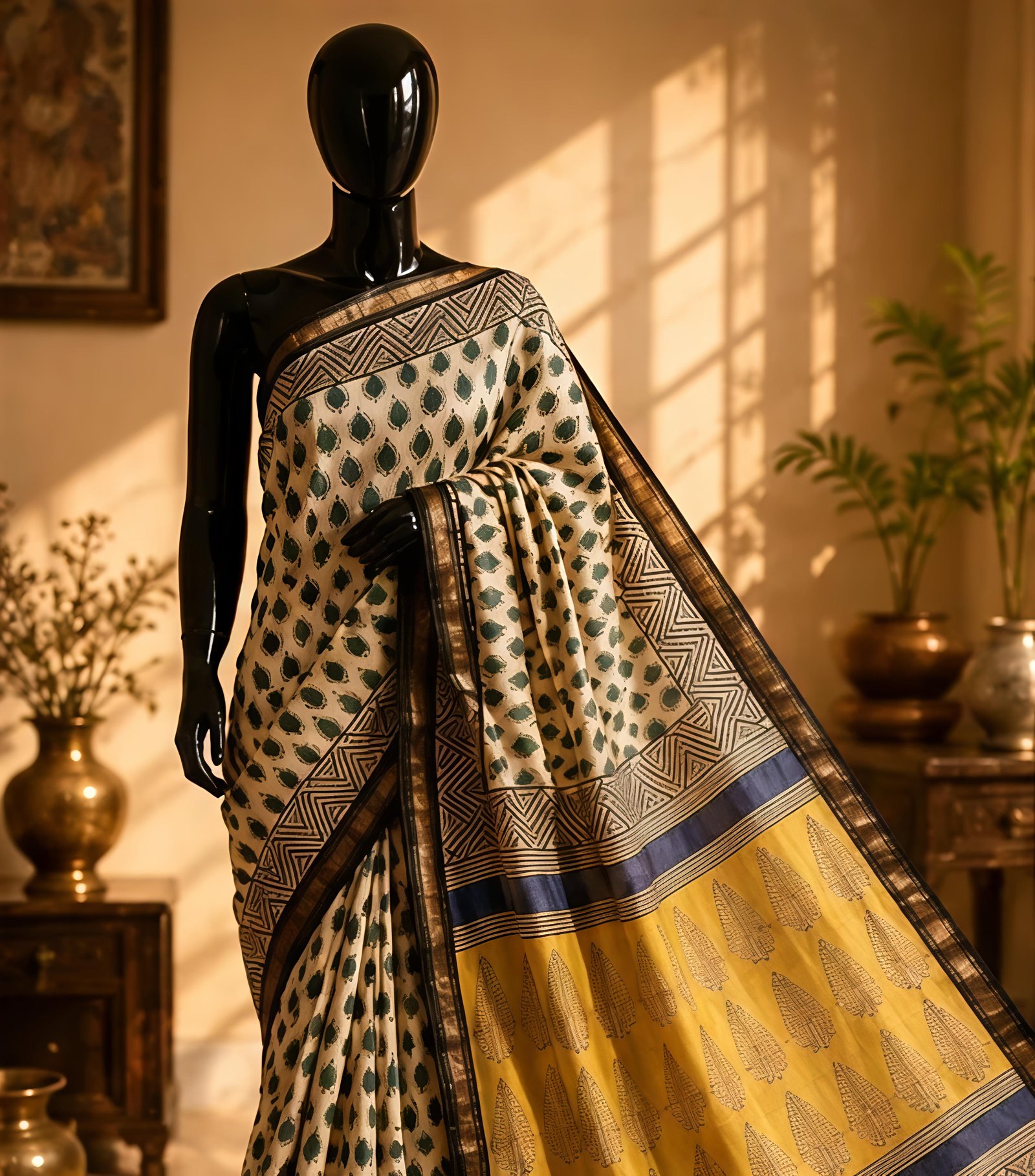 Off-White and Yellow Maheswari Silk Saree with Leaf Motifs