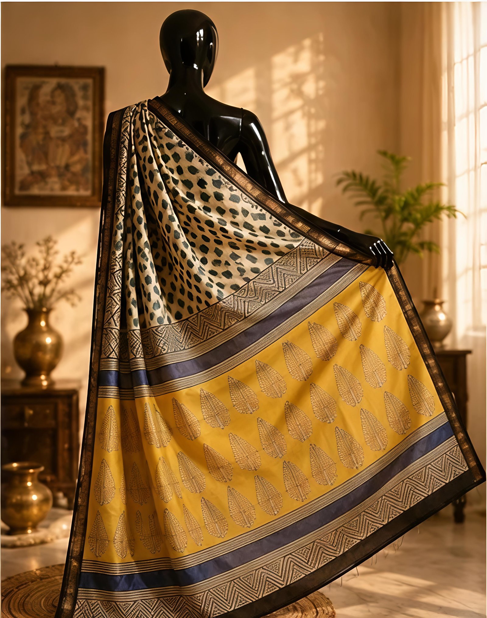 Off-White and Yellow Maheswari Silk Saree with Leaf Motifs view 4