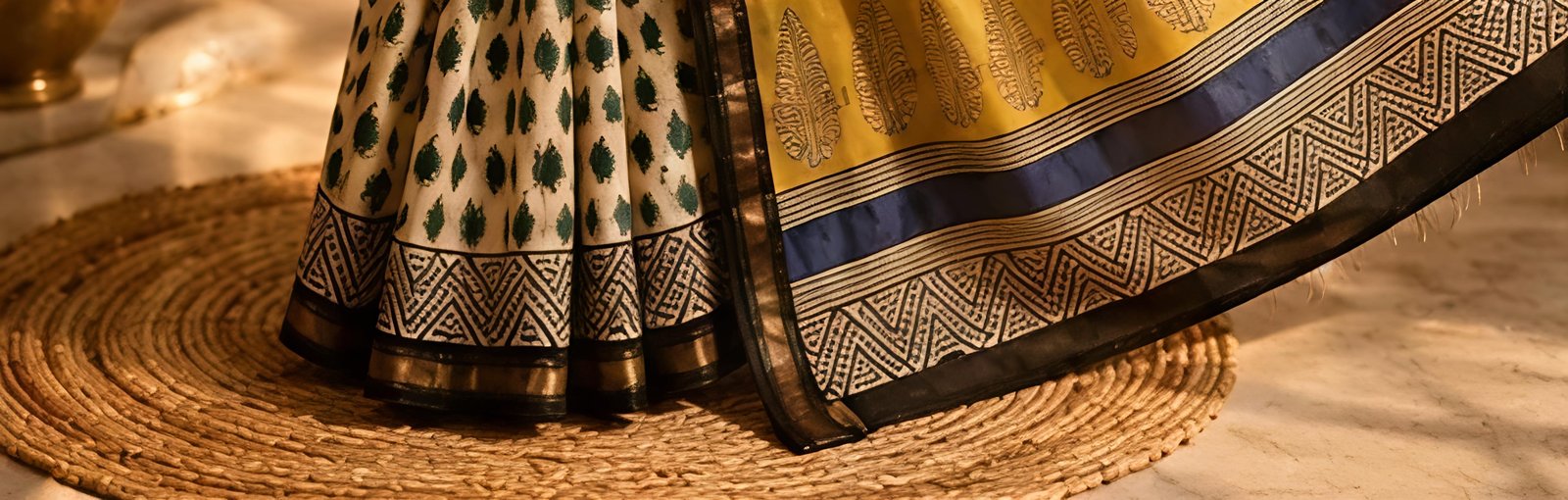 Off-White and Yellow Maheswari Silk Saree with Leaf Motifs view 5
