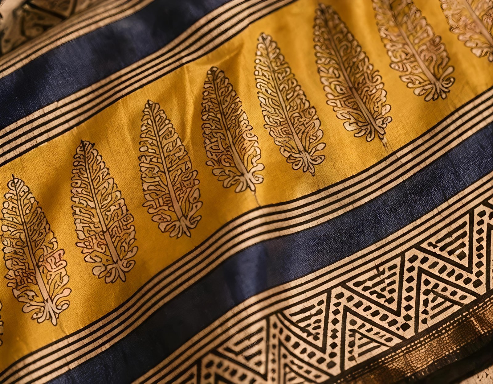 Off-White and Yellow Maheswari Silk Saree with Leaf Motifs view 6