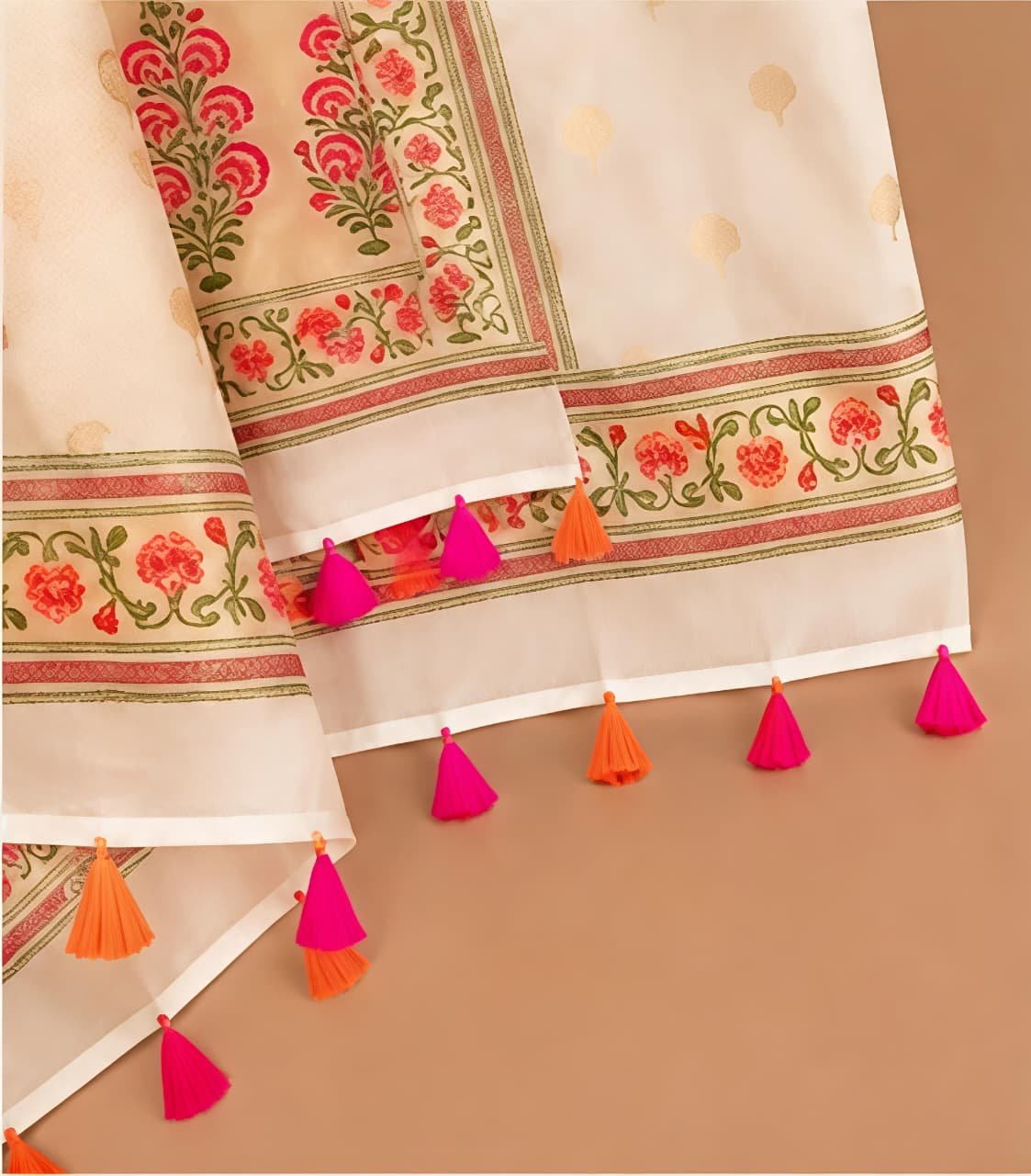 Elegant Cream & Pink Floral Woven Chanderi Silk Unstitched Suit Set view 5