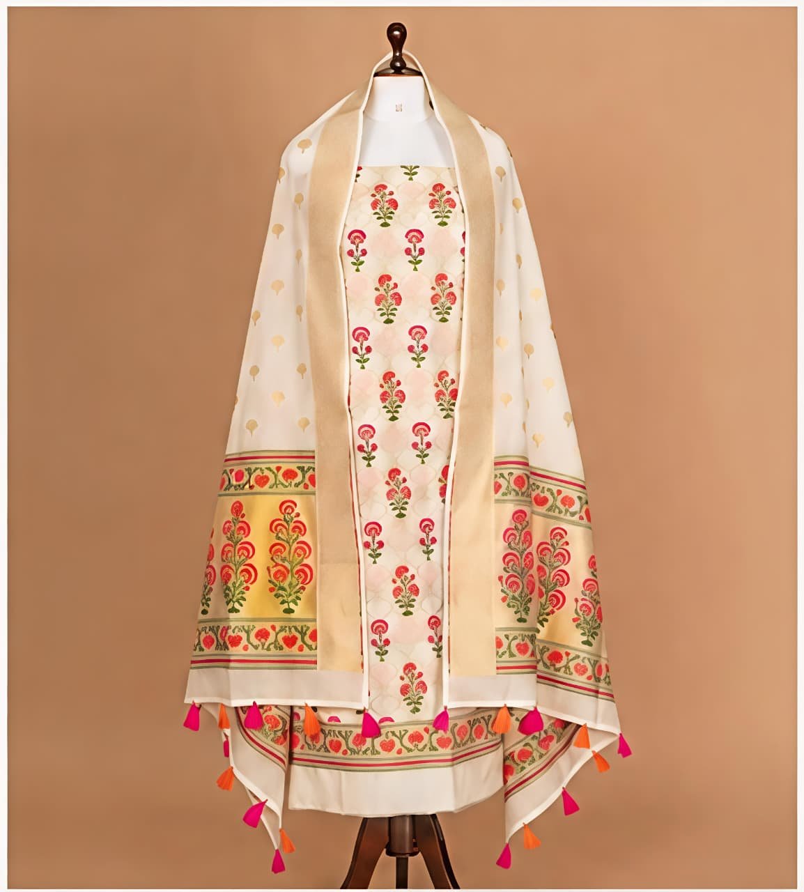 Elegant Cream & Pink Floral Woven Chanderi Silk Unstitched Suit Set