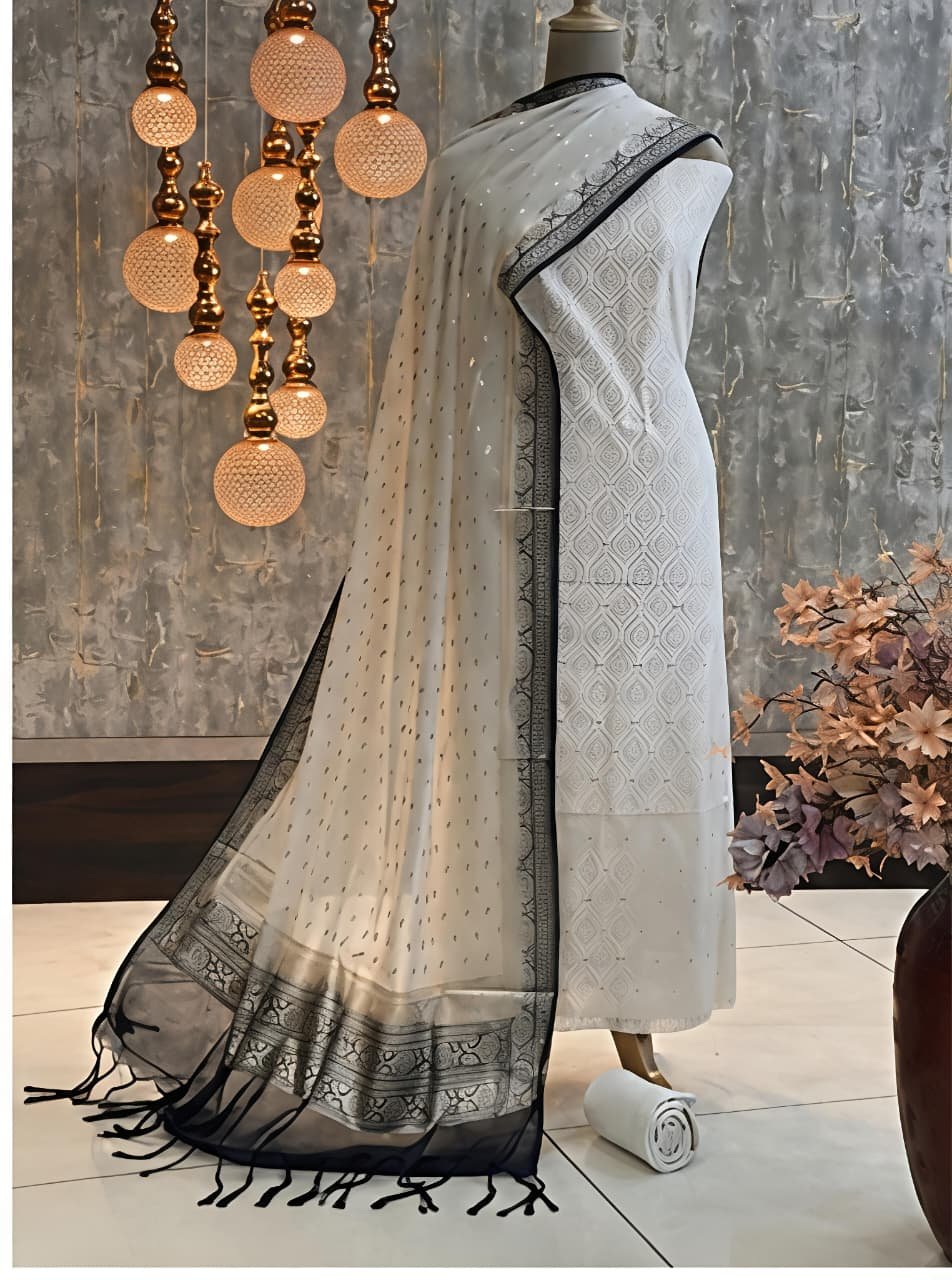 Premium Off-White Self-Design Cotton Suit Set with Navy Blue Banarasi Border Dupatta | Unstitched Dress Material view 5