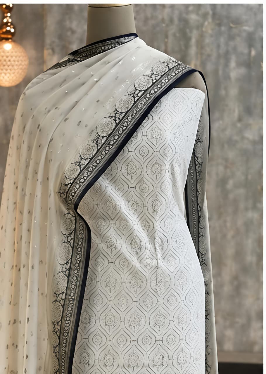 Premium Off-White Self-Design Cotton Suit Set with Navy Blue Banarasi Border Dupatta | Unstitched Dress Material view 6
