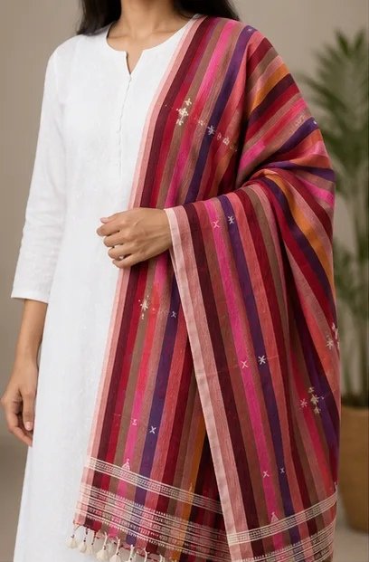 Forest Bloom Striped Cotton Dupatta view 1