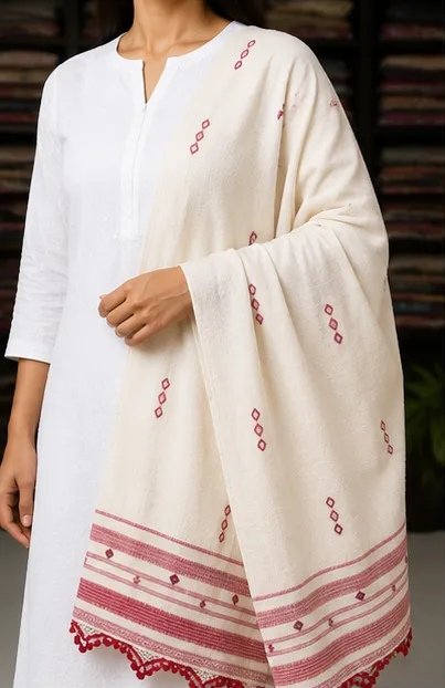 Ivory Crimson Handwoven Cotton Dupatta view 1