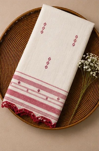 Ivory Crimson Handwoven Cotton Dupatta