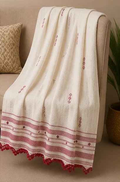 Ivory Crimson Handwoven Cotton Dupatta view 6
