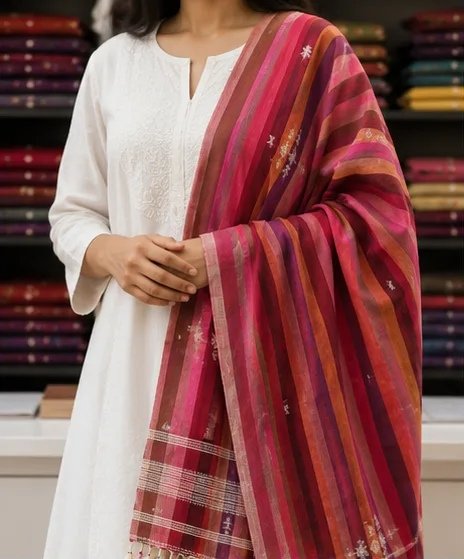 Rosewood Sunset Striped Cotton Dupatta view 6