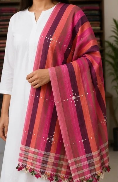 Sunset Blush Striped Cotton Dupatta view 6