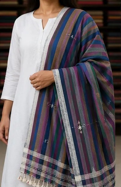 Midnight Meadow Striped Cotton Dupatta view 6