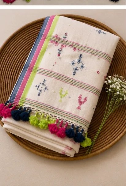 Ivory Multicolour Embroidered Cotton Dupatta view 1