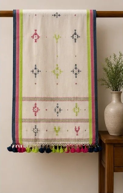 Ivory Multicolour Embroidered Cotton Dupatta