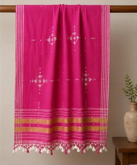 Rani Pink Handwoven Cotton Dupatta with Woven Border & Tassels