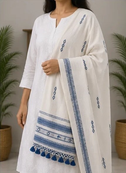 Ivory Sky Blue Handwoven Cotton Dupatta view 1