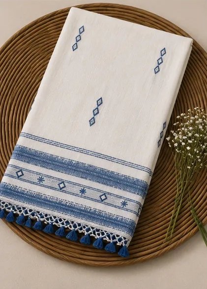 Ivory Sky Blue Handwoven Cotton Dupatta