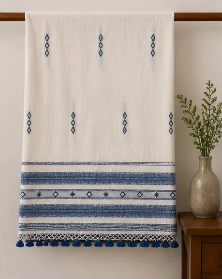 Ivory Sky Blue Handwoven Cotton Dupatta view 5