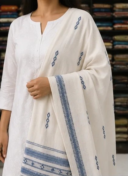 Ivory Sky Blue Handwoven Cotton Dupatta view 6