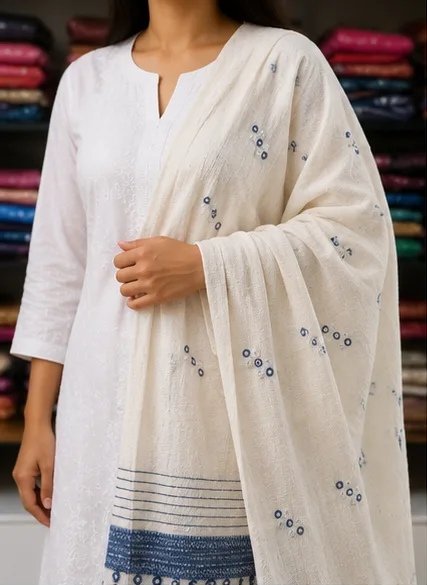 Ivory Indigo Handwoven Cotton Dupatta view 6