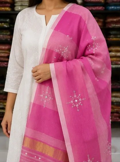 Blush Pink Handcrafted Cotton Dupatta view 1