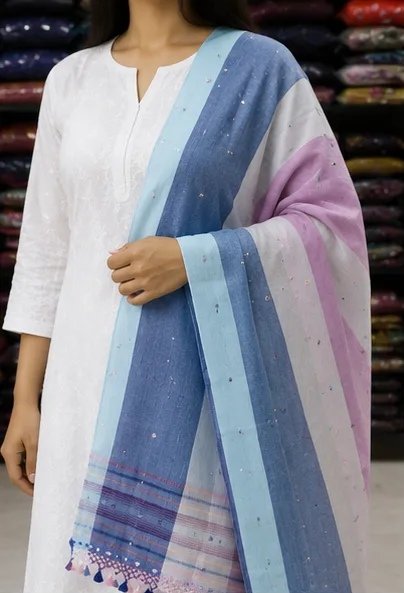 Ivory Multicolor Striped Cotton Dupatta view 1