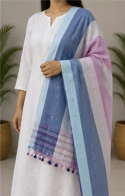 Ivory Multicolor Striped Cotton Dupatta view 6