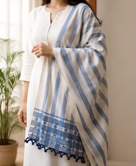 Ivory Blue Striped Cotton Dupatta view 1