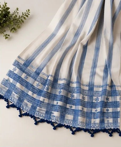 Ivory Blue Striped Cotton Dupatta view 3