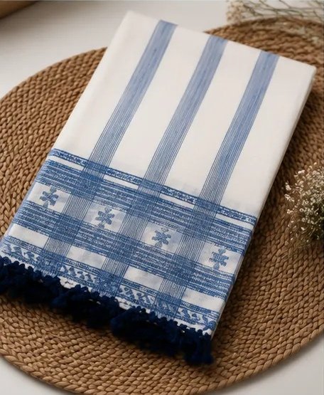 Ivory Blue Striped Cotton Dupatta view 4