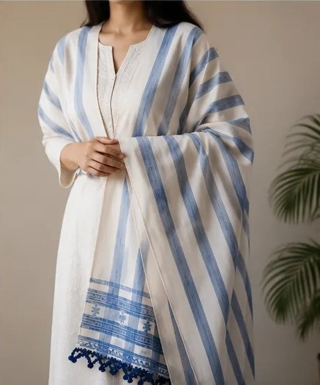 Ivory Blue Striped Cotton Dupatta view 6