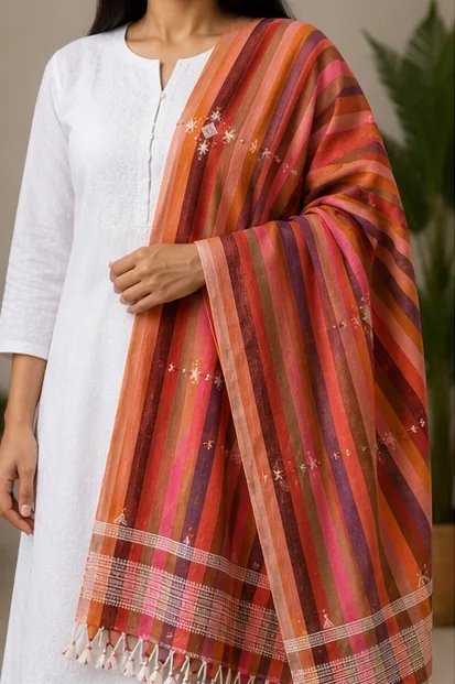 Rosewood Pink Striped Cotton Dupatta view 6