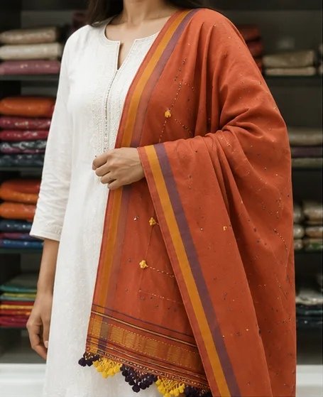 Rust Orange Handcrafted Cotton Dupatta view 1