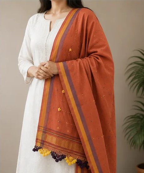 Rust Orange Handcrafted Cotton Dupatta view 6