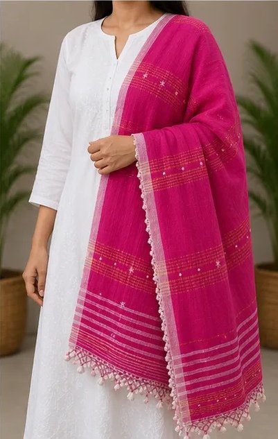 Rani Pink Handcrafted Cotton Dupatta view 1