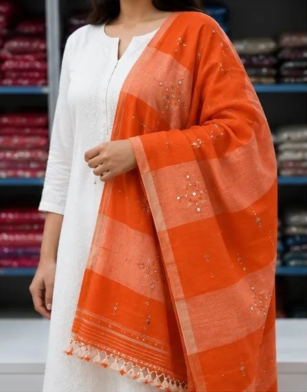 Sunset Orange Handcrafted Cotton Dupatta view 1