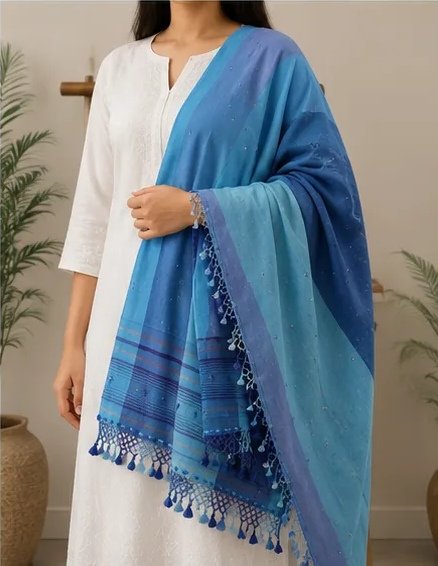 Aqua Blue Ombre Cotton Dupatta view 1
