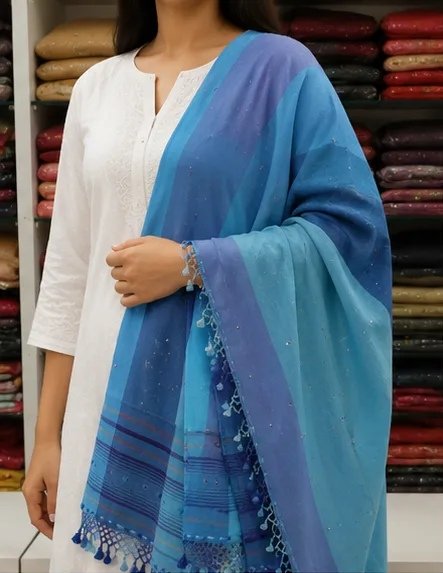 Aqua Blue Ombre Cotton Dupatta view 6
