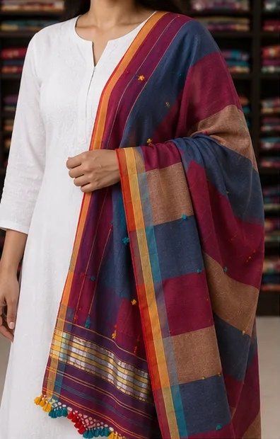 Ruby Multicolor Striped Cotton Dupatta view 1