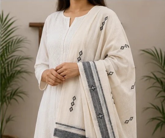 Ivory Black Handwoven Cotton Dupatta