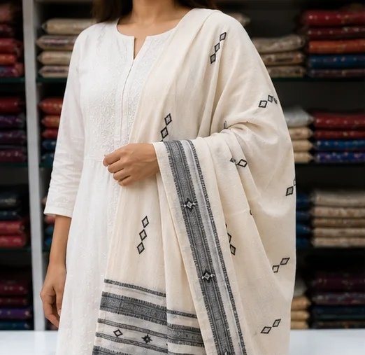 Ivory Black Handwoven Cotton Dupatta view 6