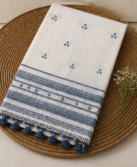 Ivory Blue Handwoven Cotton Dupatta view 4