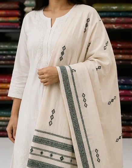 Ivory Green Handwoven Cotton Dupatta view 1