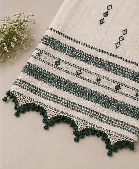 Ivory Green Handwoven Cotton Dupatta view 3