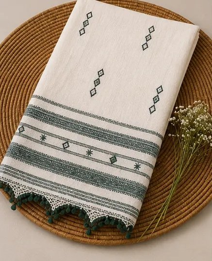 Ivory Green Handwoven Cotton Dupatta view 4
