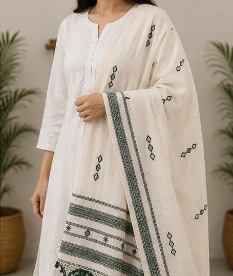 Ivory Green Handwoven Cotton Dupatta view 6