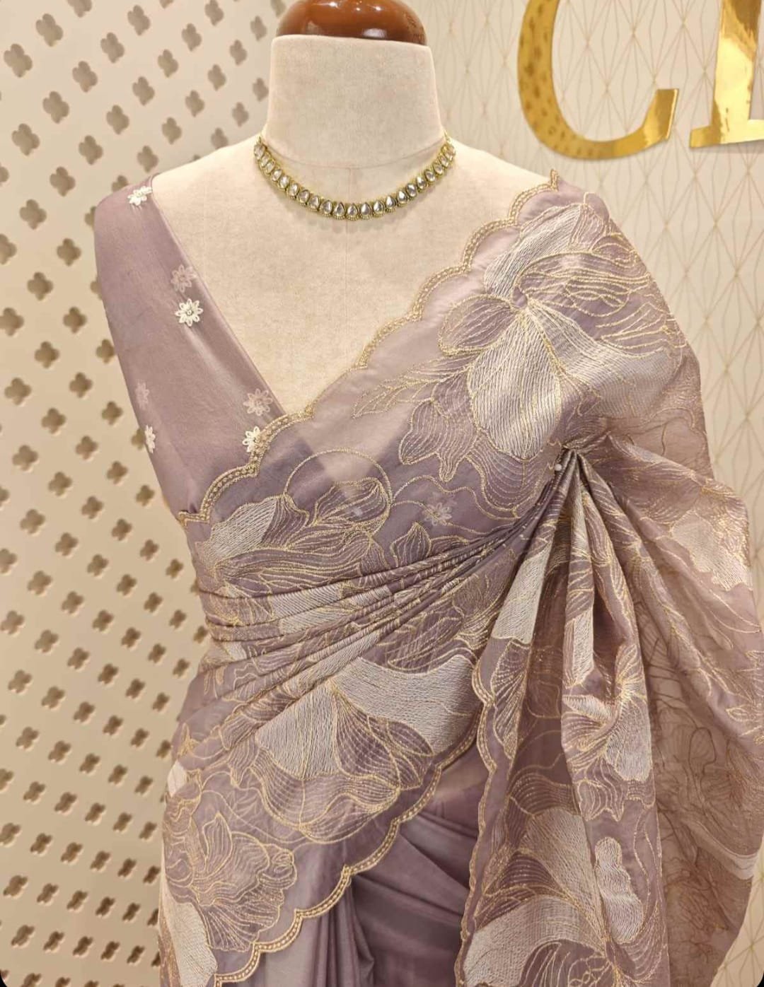 Lavender Floral Embroidered Designer Saree view 1