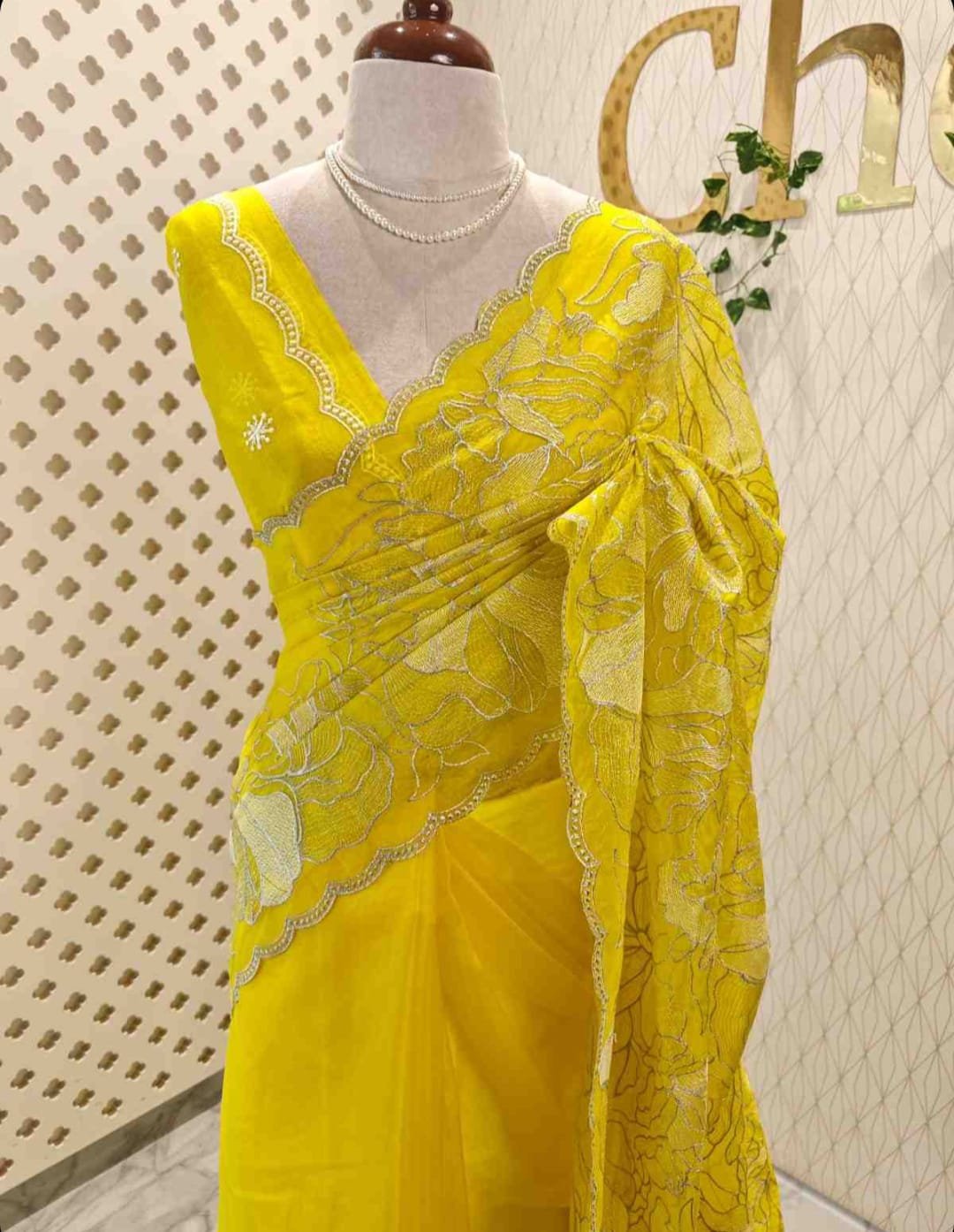 Sunshine Yellow Floral Embroidered Designer Saree view 1