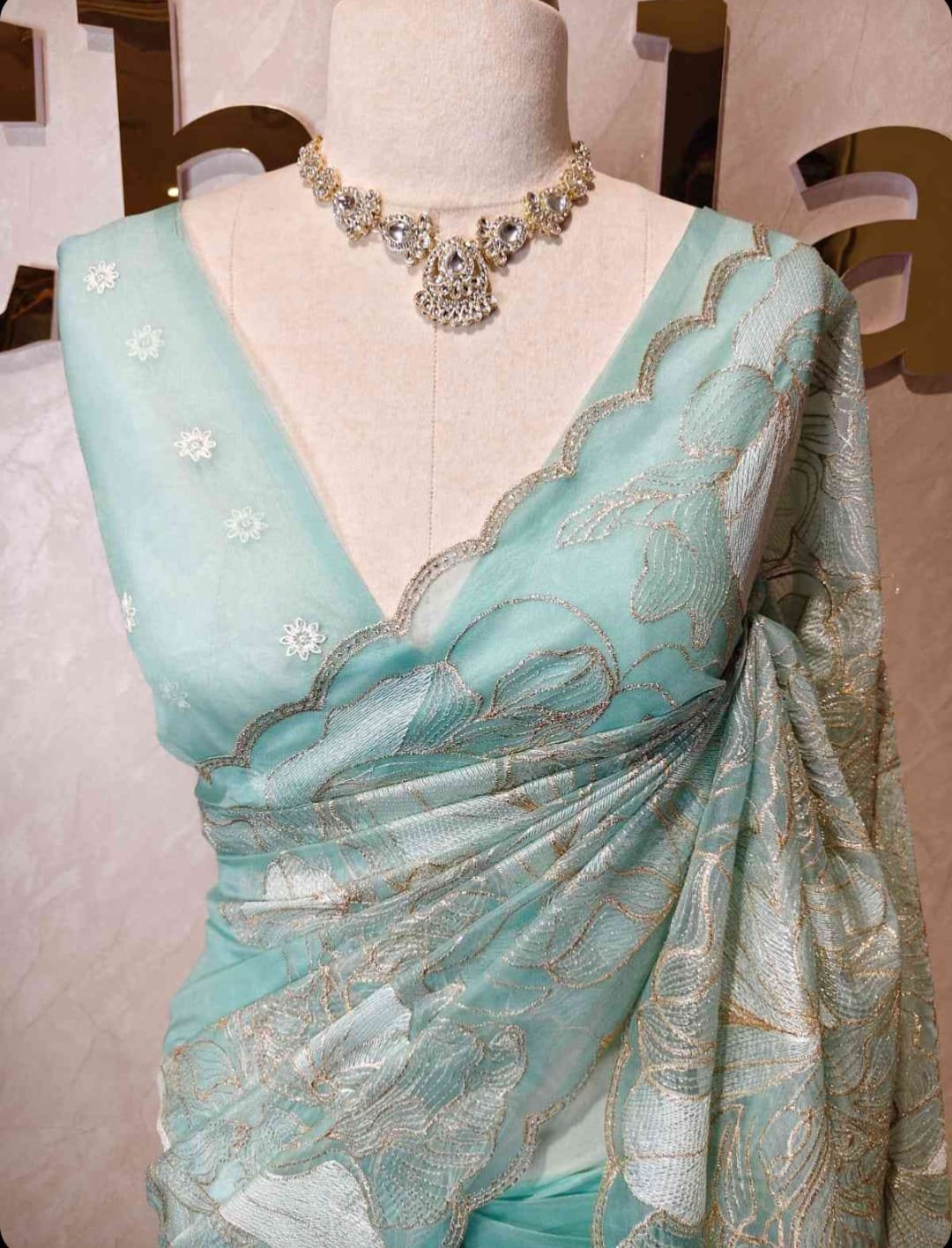 Mint Green Floral Embroidered Designer Saree view 1